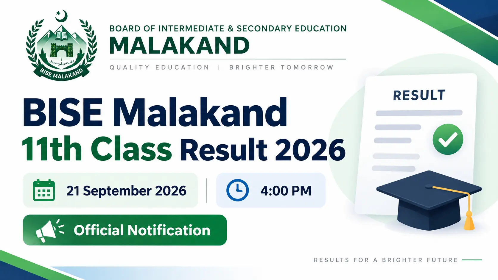 BISE Malakand 11th Class Result 2026 official announcement showing result date 21 September 2026 and time 4:00 PM