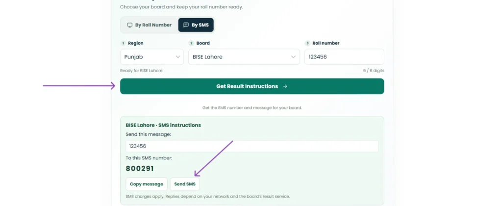 Click Get Result Instructions and then Click Send SMS in Checker